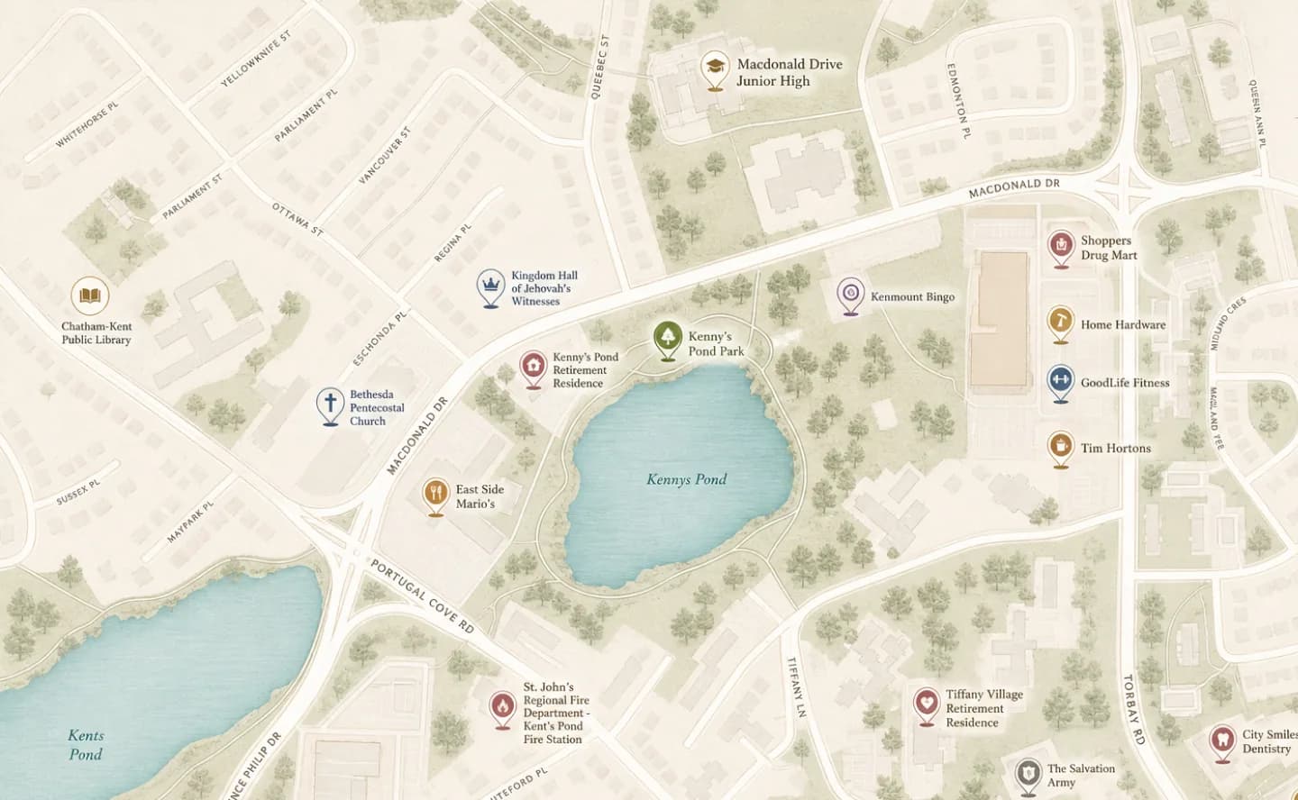Illustrated map of the Kenny's Pond neighbourhood around Kenny's Pond